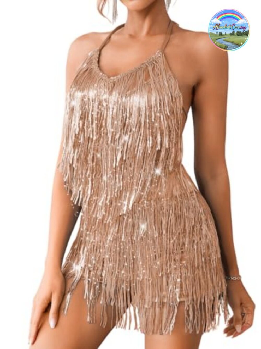 Sequin Fringe Romper Sparkly Glitter Metallic Jumpsuit Backless Shorts Disco